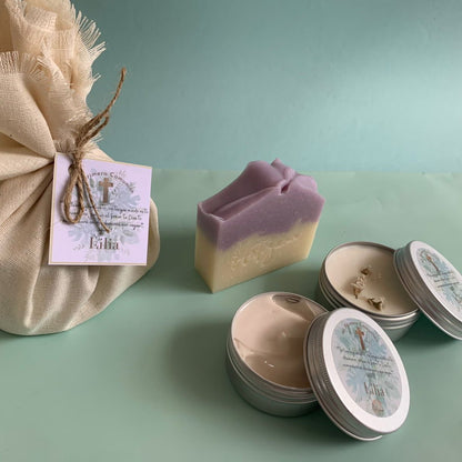 Kit recuerdito en costal yute: jabón 100g + vela aromática 50g + crema de manos