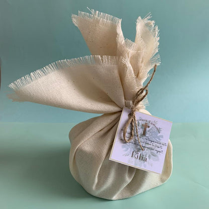 Kit recuerdito en costal yute: jabón 100g + vela aromática 50g + crema de manos